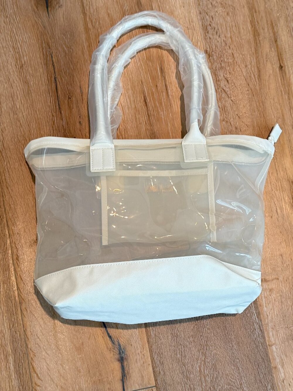Neiman Marcus Large Clear PVC White Tote Bag With Zipper And Inner Pouch NEW